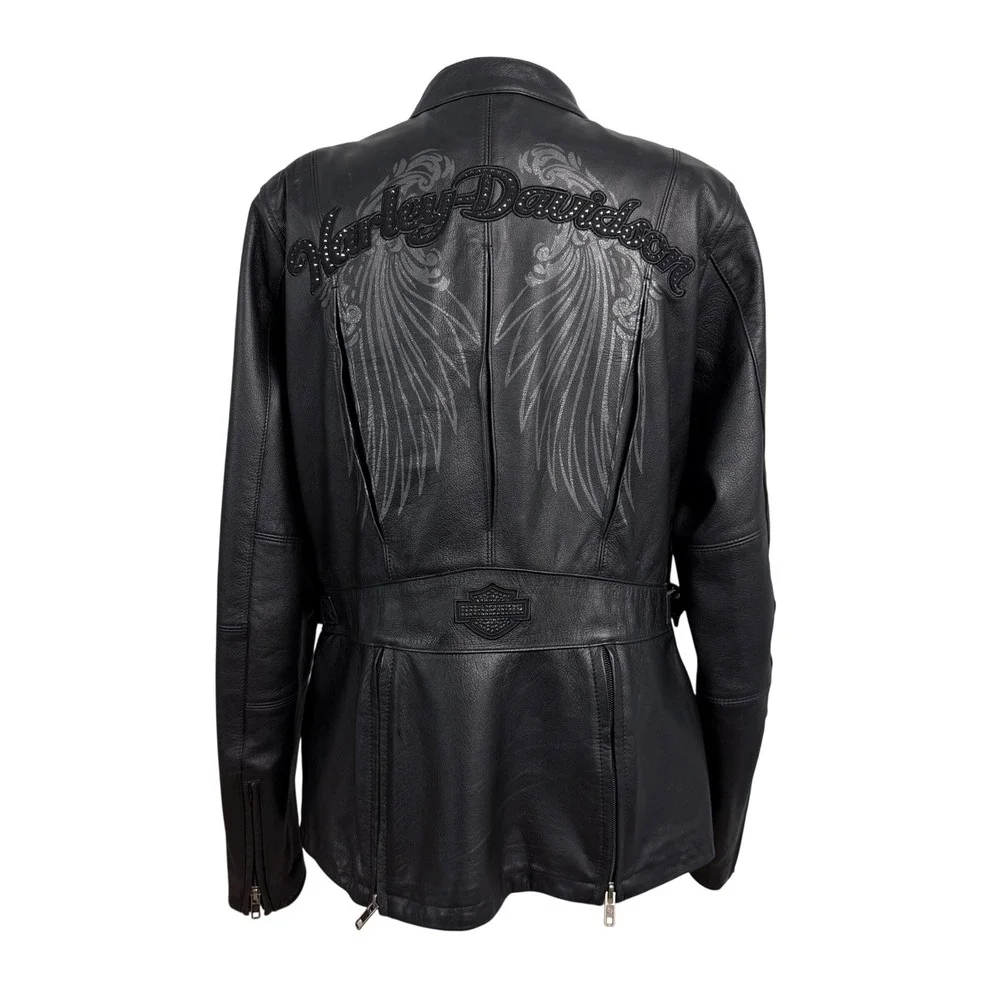 Harley-Davidson Womens Black Leather Studded Wing‎ Motorcycle Jacket Black L